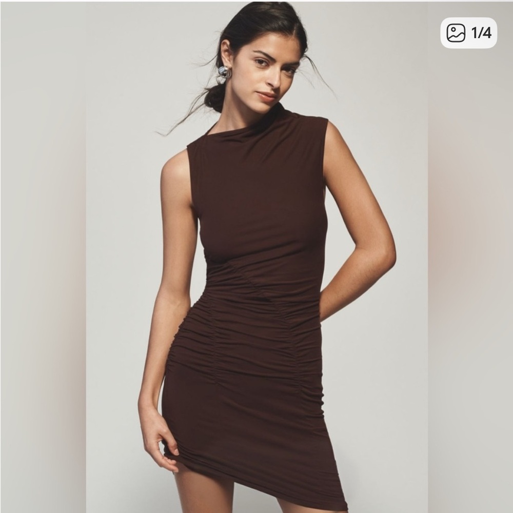 Anthropologie Chocolate Brown Ruched Mock Neck Mini Dress Size XL